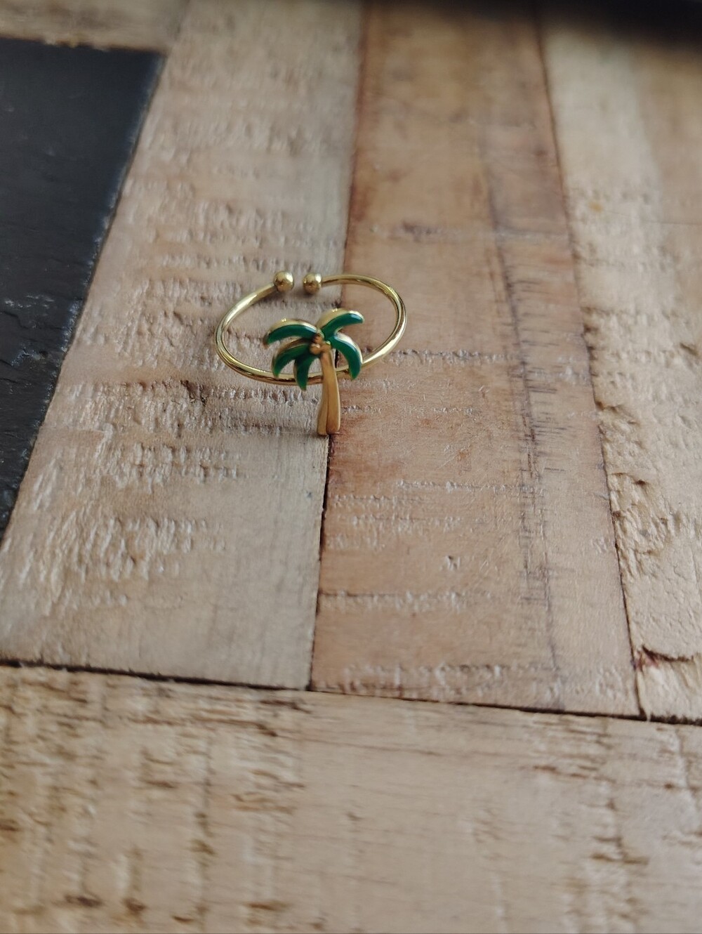 Stainless Steel Golden Palm Tree Ring with Green Enamel